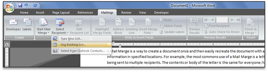 Mail Merge Select Existing Source